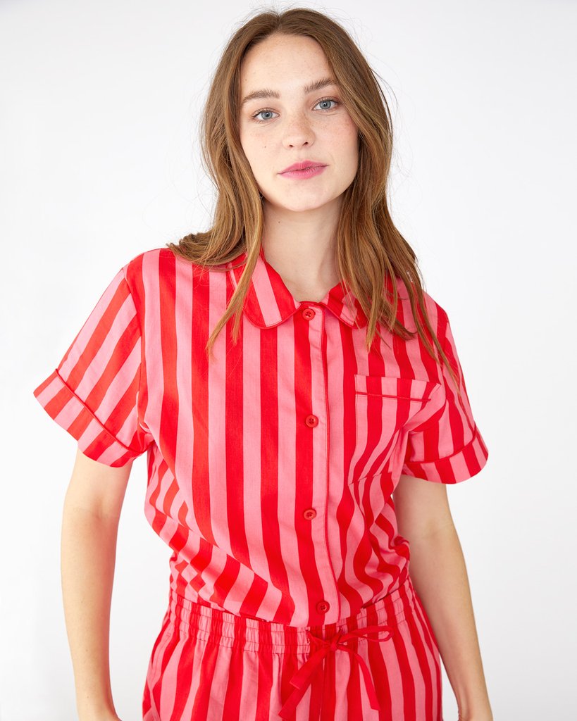Short Sleeve Leisure Shirt - Hot Pink/Red Stripe