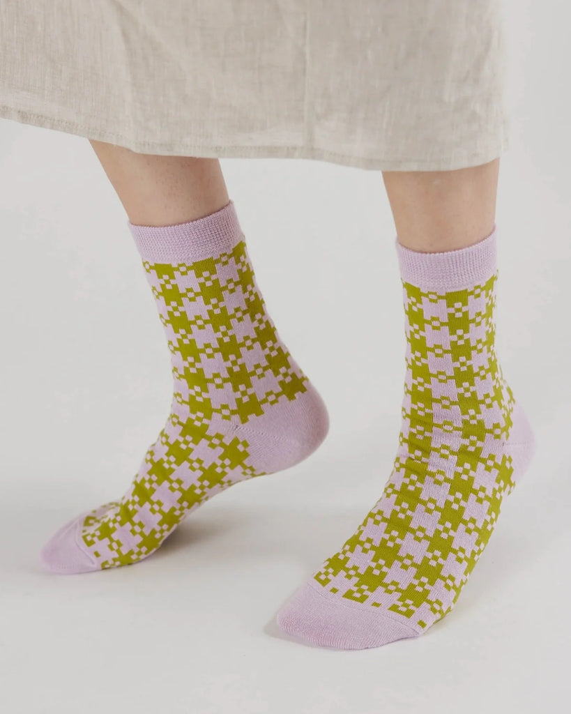 Crew Socks - Pink Pistachio Pixel Gingham