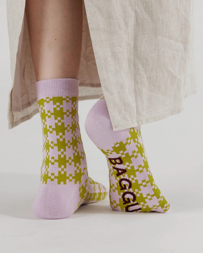 Crew Socks - Pink Pistachio Pixel Gingham