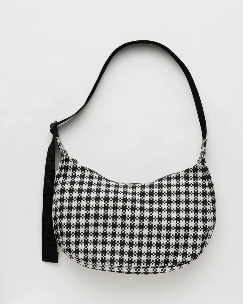 Medium Crescent Bag - Black & White Pixel Gingham
