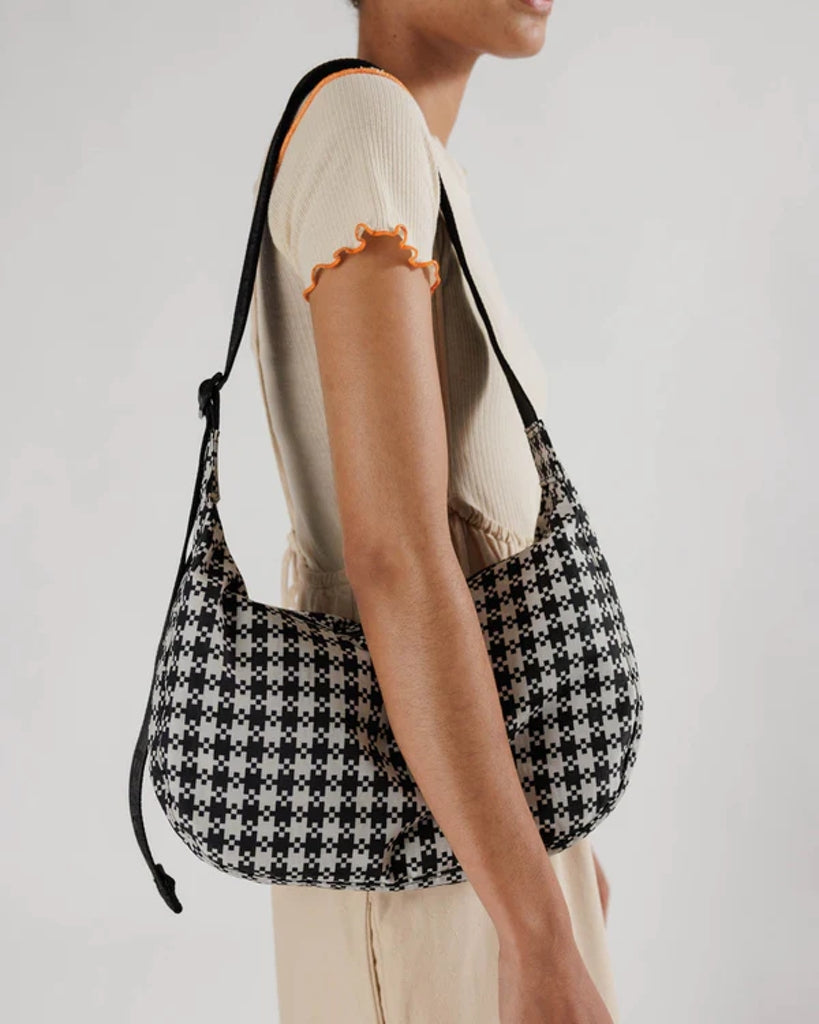 Baggu black store & white pixel gingham medium crescent