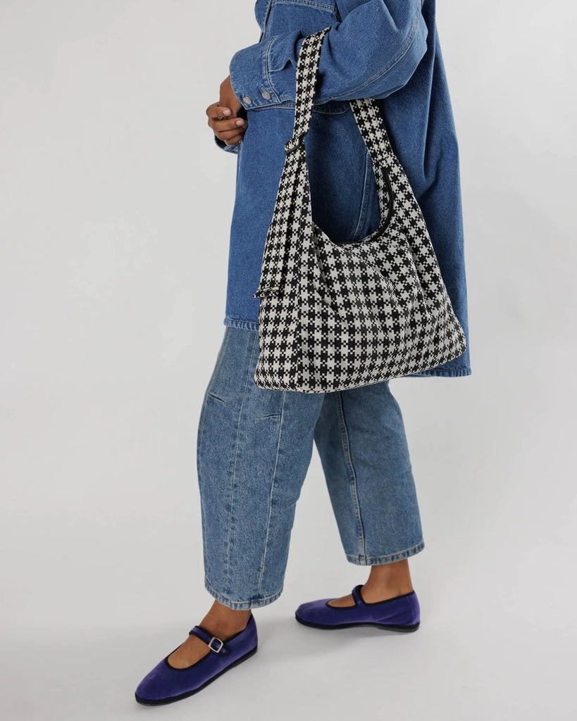 Nylon Shoulder Bag - Black & White Pixel Gingham