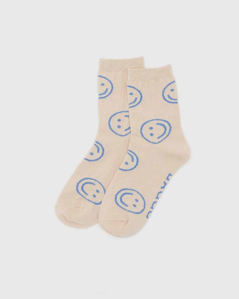 Crew Socks - Ecru Periwinkle Happy