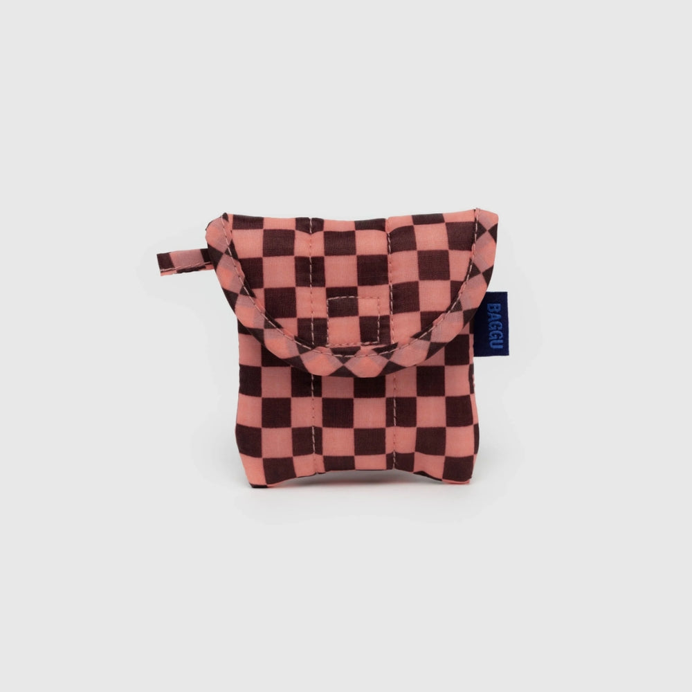 Puffy Earbuds Case - Pink Brown Check