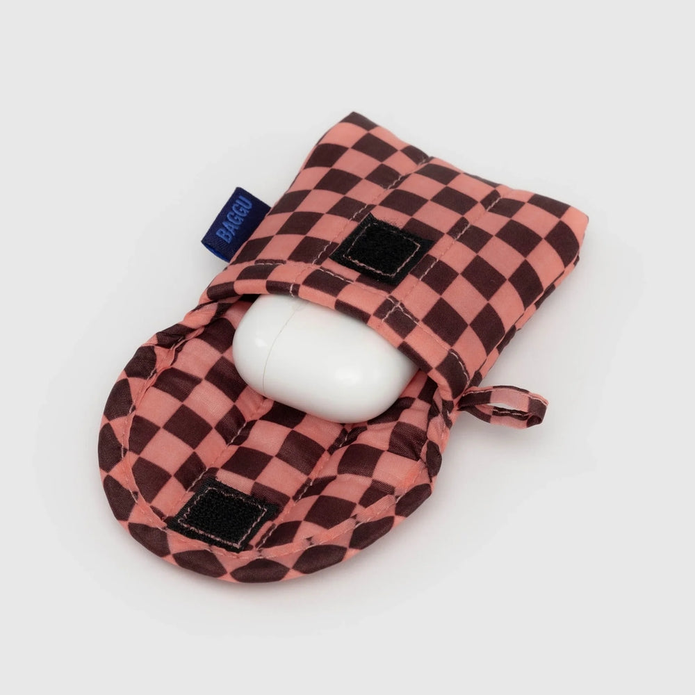 Puffy Earbuds Case - Pink Brown Check