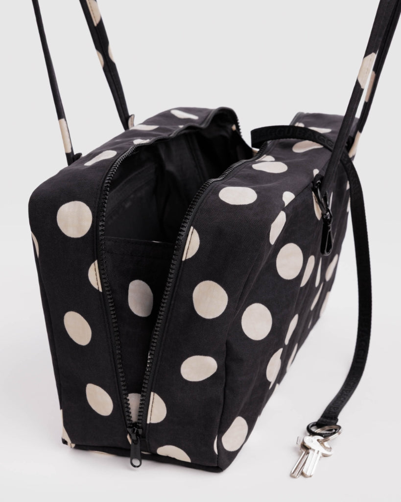 Medium Nylon Bowler Bag - Black & Cream Polkadot