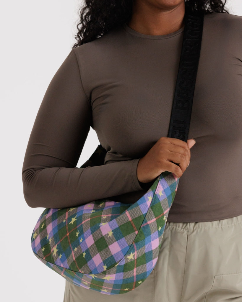 Medium Crescent Bag - Green Star Plaid