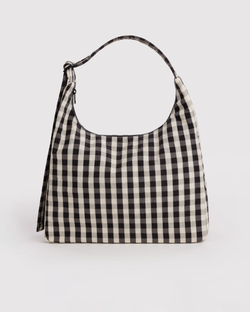 Nylon Shoulder Bag - Black & Cream Gingham
