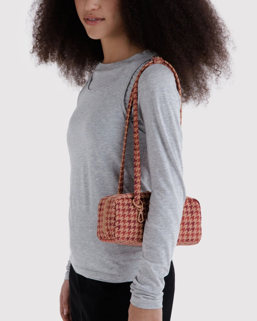 Small Nylon Bowler Bag - Tan Houndstooth