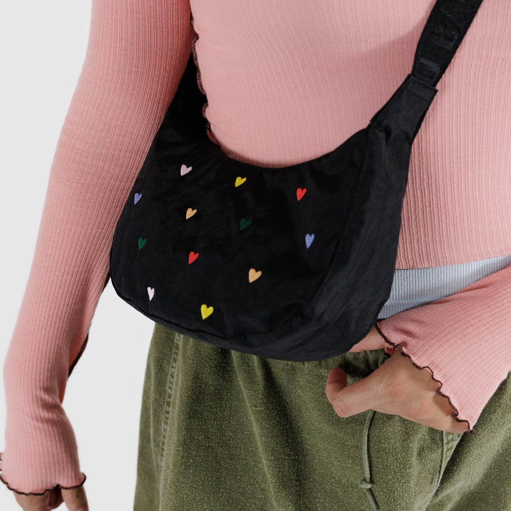 Small Crescent Bag - Embroidered Hearts