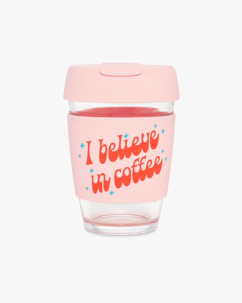 Glass Travel Mug - I Believe In Coffee