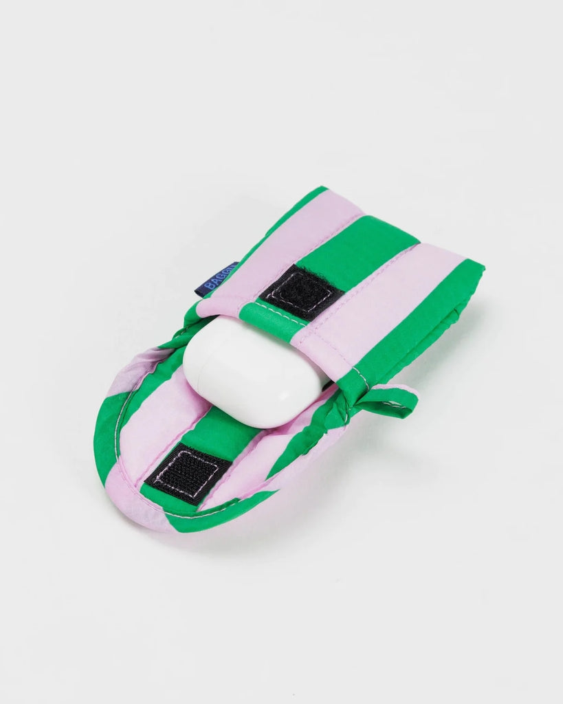 Puffy Earbuds Case - Pink Green Awning Stripe